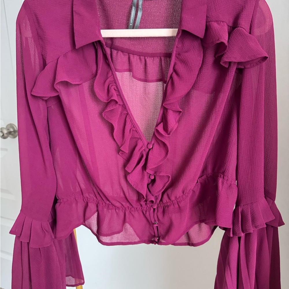 Anthropologie Pink Ruffled Notched Collar Blouse